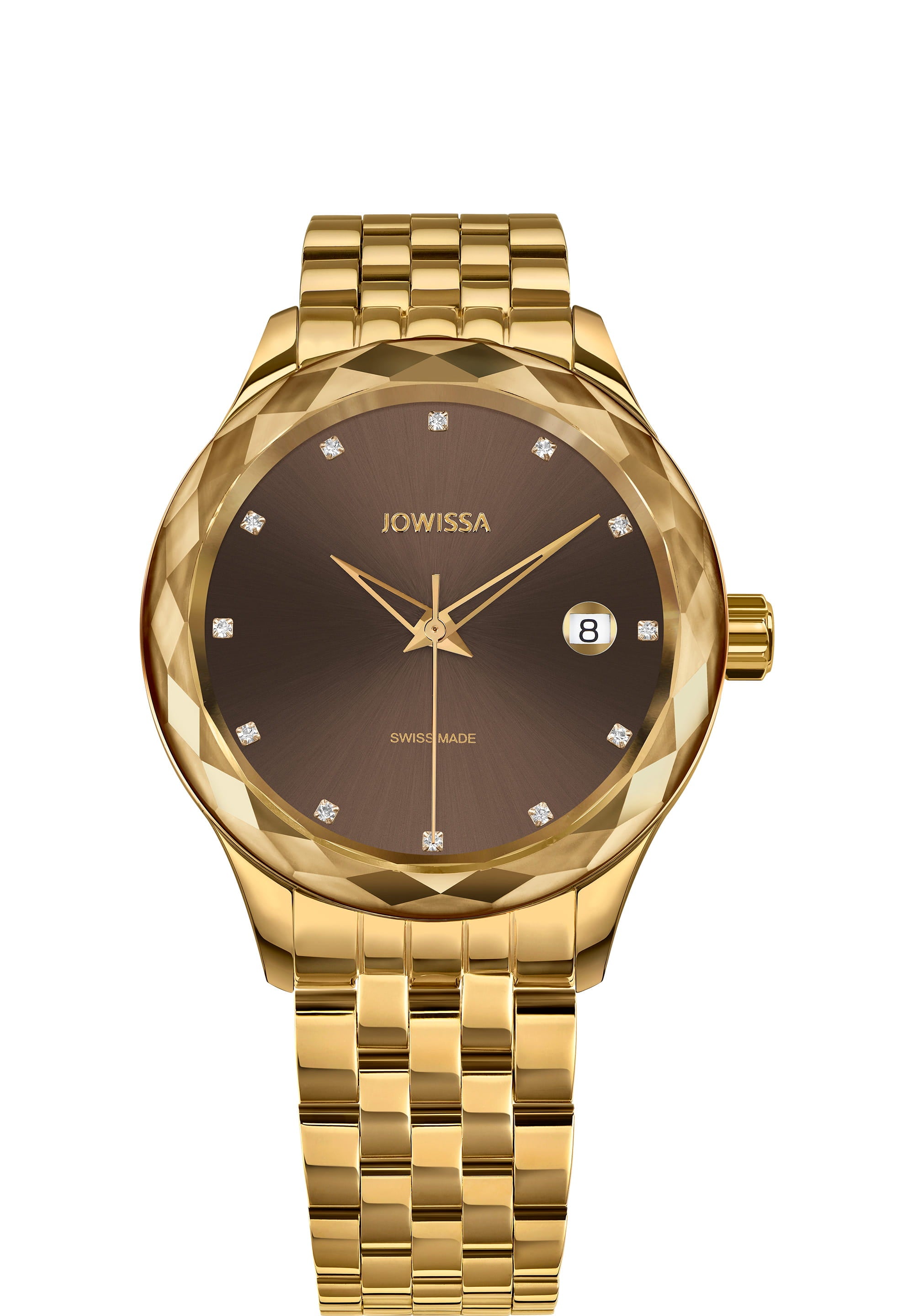 Tiro Swiss Ladies Watch J6.238.M featuring a gold mesh bracelet and chestnut brown sunray dial, showcasing elegance and Swiss craftsmanship.