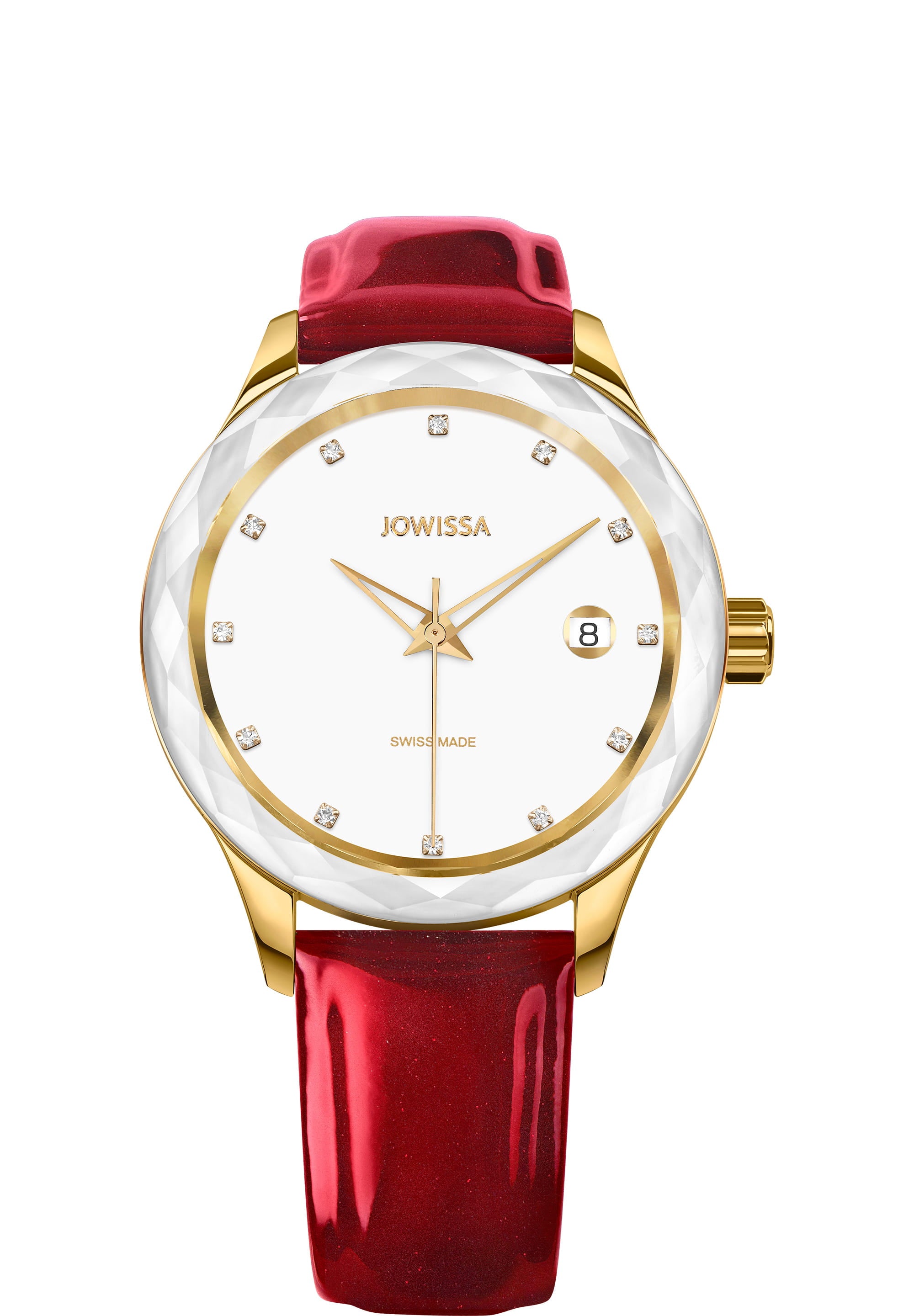 Tiro Swiss Ladies Watch J6.233.M featuring a bright red leather strap, white dial with gold accents, and rhinestone hour markers.