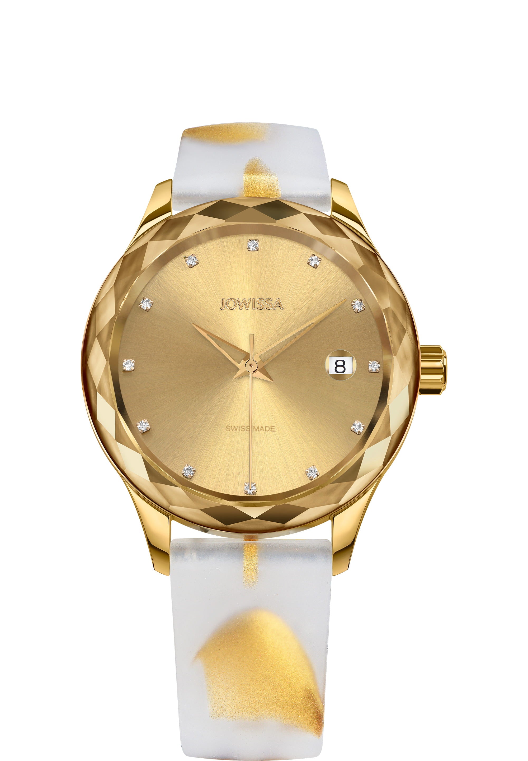 Tiro Swiss Ladies Watch J6.242.M featuring a gold dial, rhinestones, and a unique silicone strap with a golden pattern.