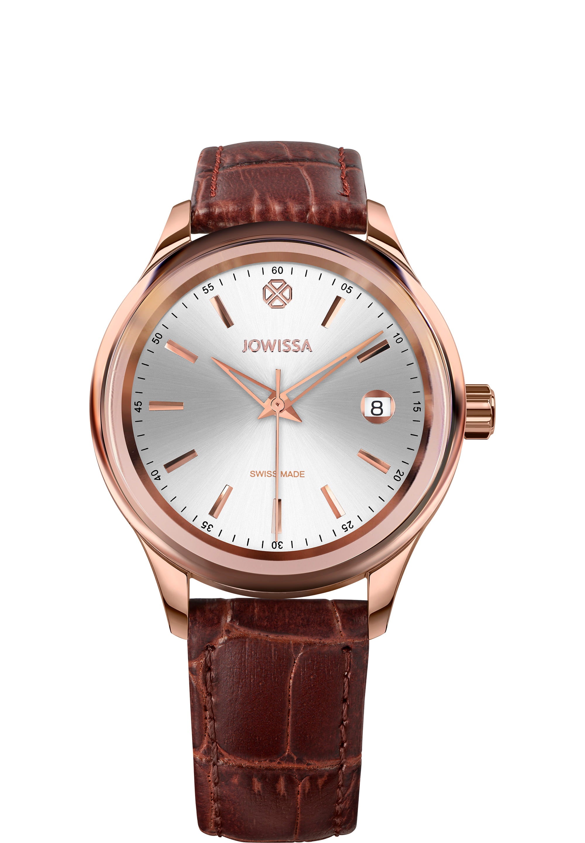 Tiro Swiss Made Watch J4.202.M featuring a stainless steel case, silver sunray dial, and brown leather strap, showcasing elegance and craftsmanship.