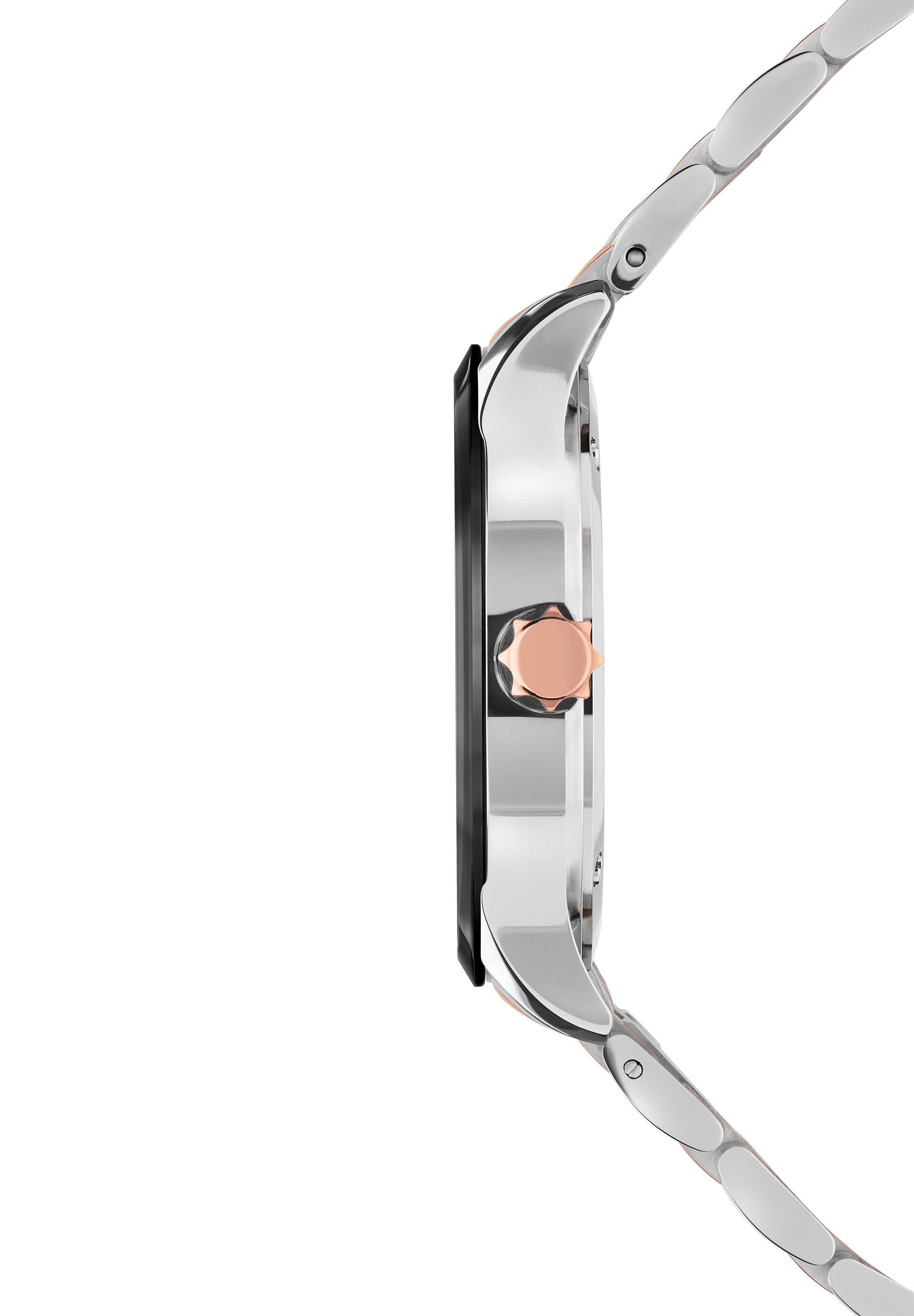 Tiro Swiss Made Watch J4.230.M featuring a black sunray dial, rose-gold hour markers, and a stainless steel bracelet with rose-gold links.