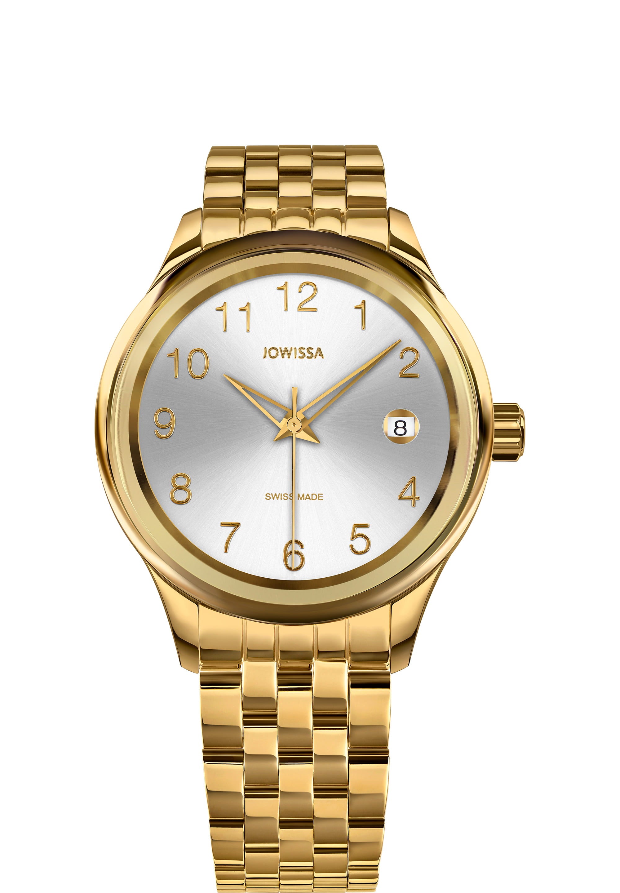 Tiro Swiss Made Watch J4.247.M featuring a stainless steel case, gold plating, and a shiny sunray dial.