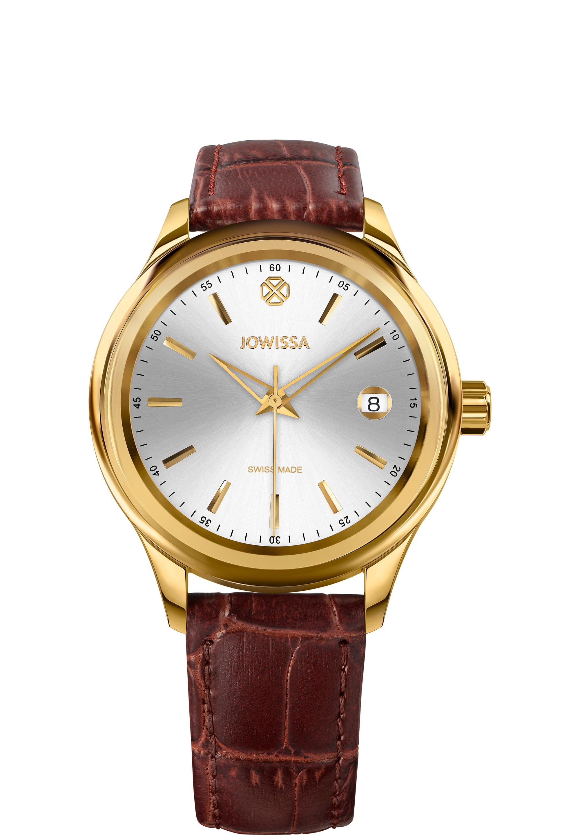 Tiro Swiss Made Watch J4.296.M featuring a stainless steel case, brown leather strap, and elegant silver dial with gold accents.