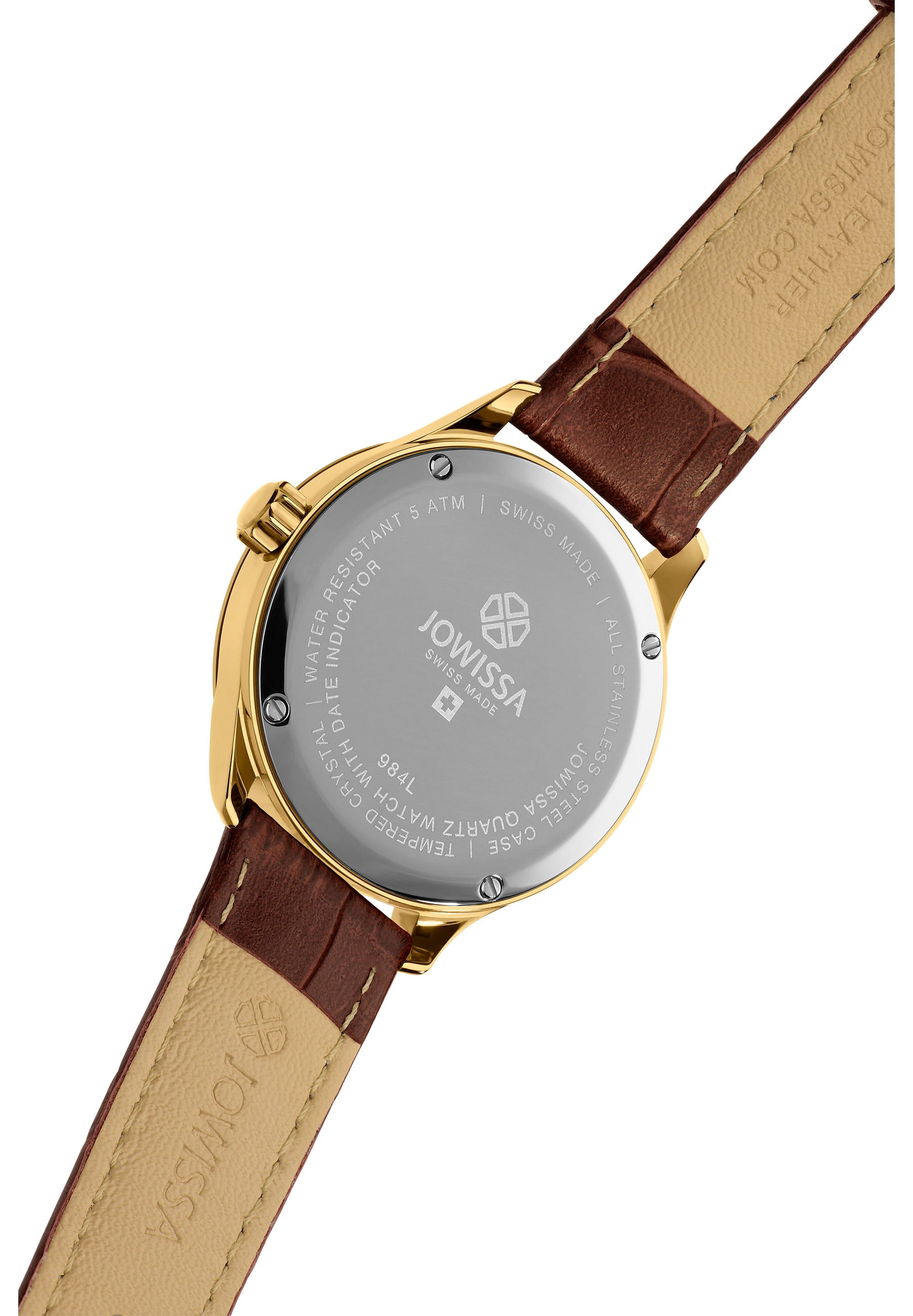 Tiro Swiss Made Watch J4.296.M featuring a stainless steel case, brown leather strap, and elegant silver dial with gold accents.