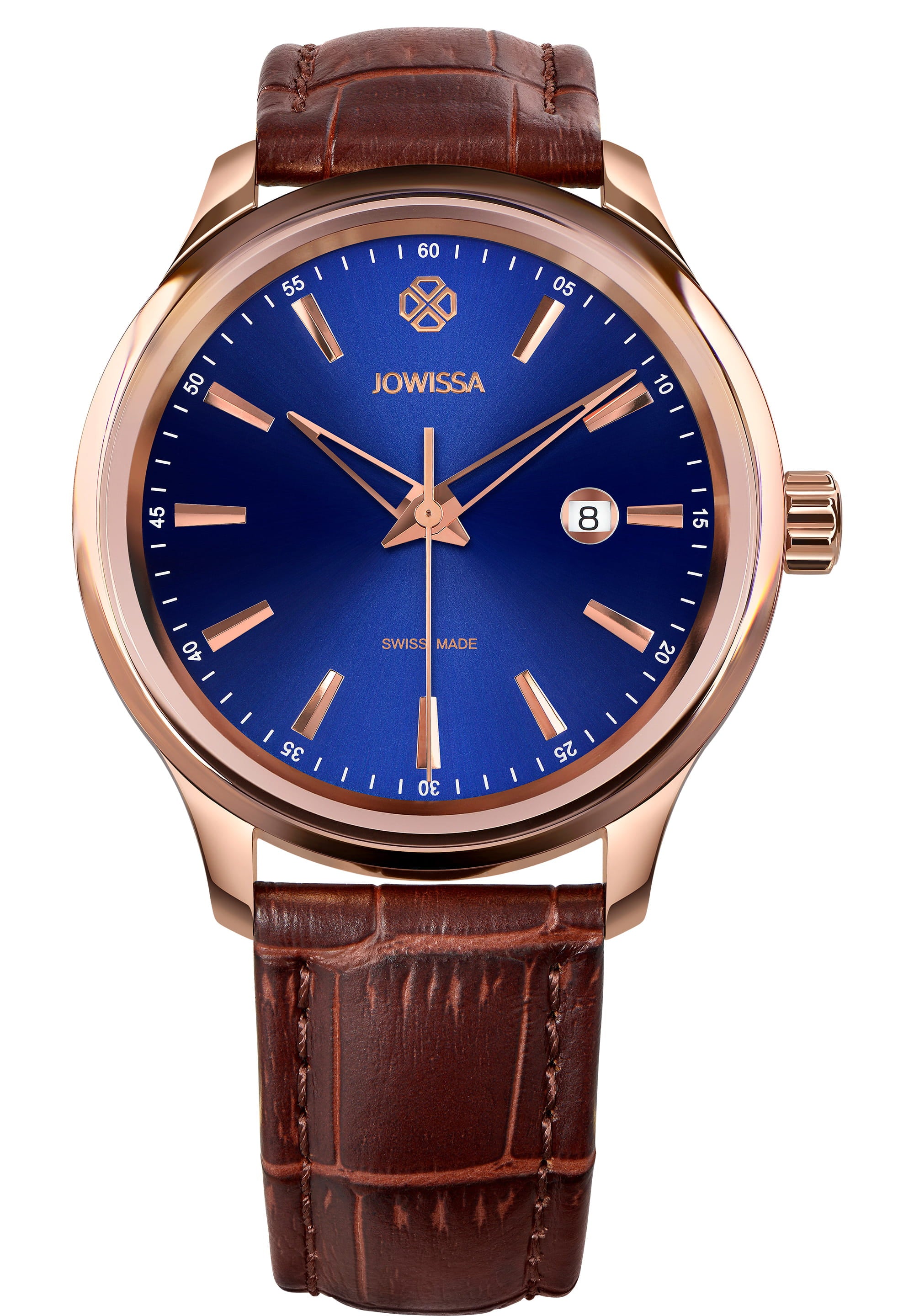 Tiro Swiss Men's Watch J4.203.L featuring an Atlantic blue sunray dial, rose-golden indices, and a brown genuine leather strap.