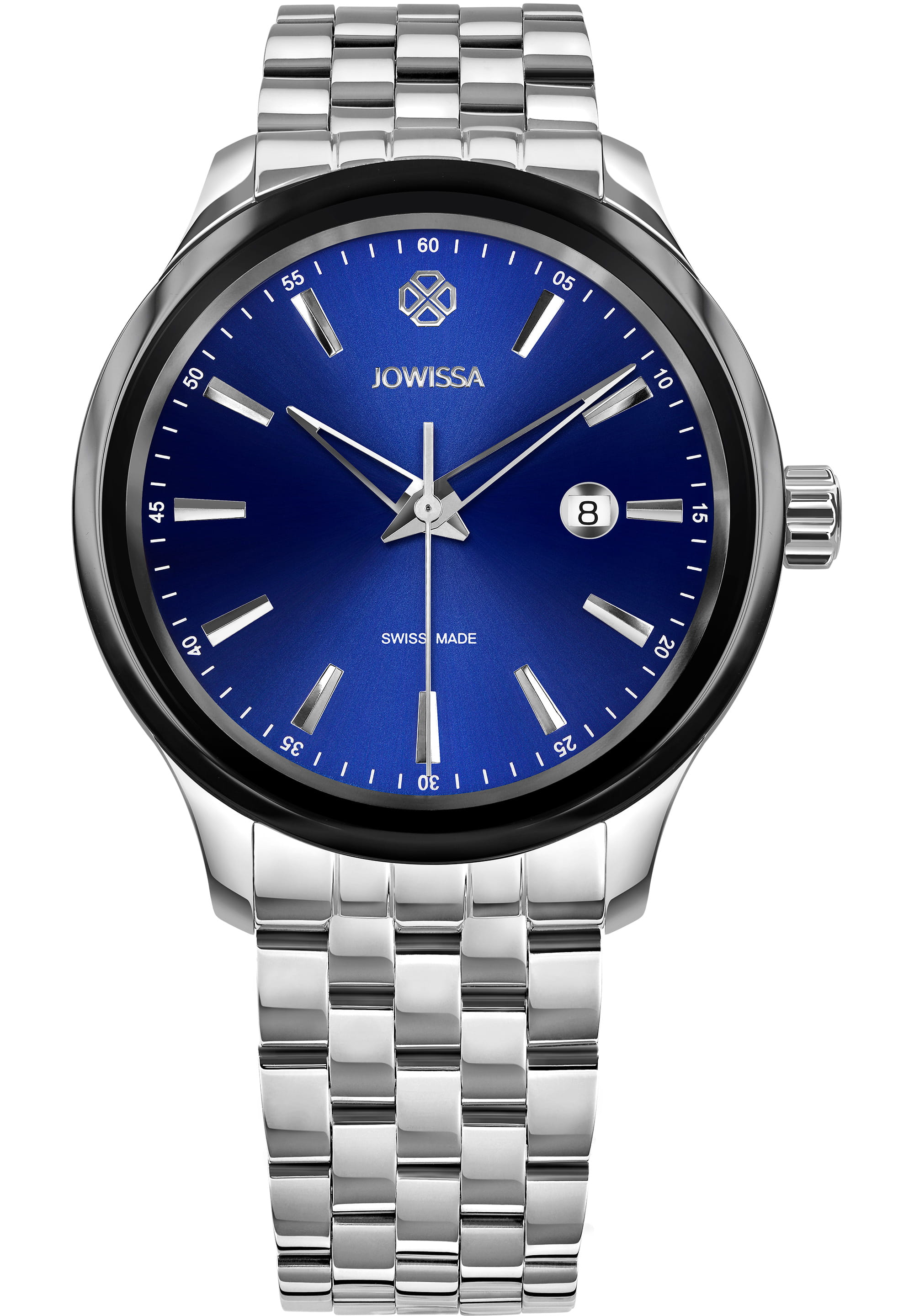 Tiro Swiss Men's Watch J4.236.L featuring a deep blue sunray dial and polished stainless steel case.
