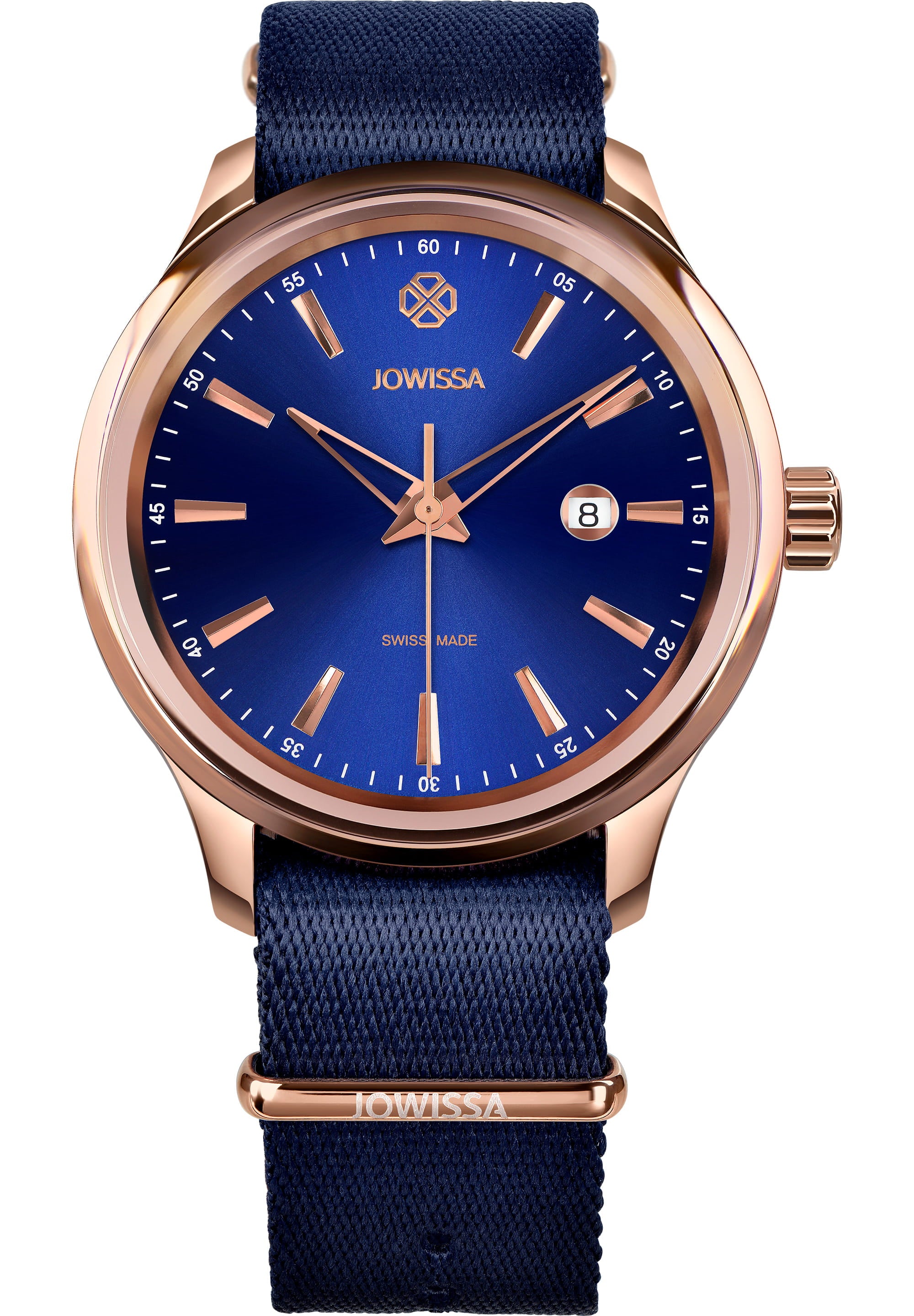 Tiro Swiss Men's Watch J4.244.L featuring a bold blue dial, rose-gold bezel, and comfortable textile NATO strap.