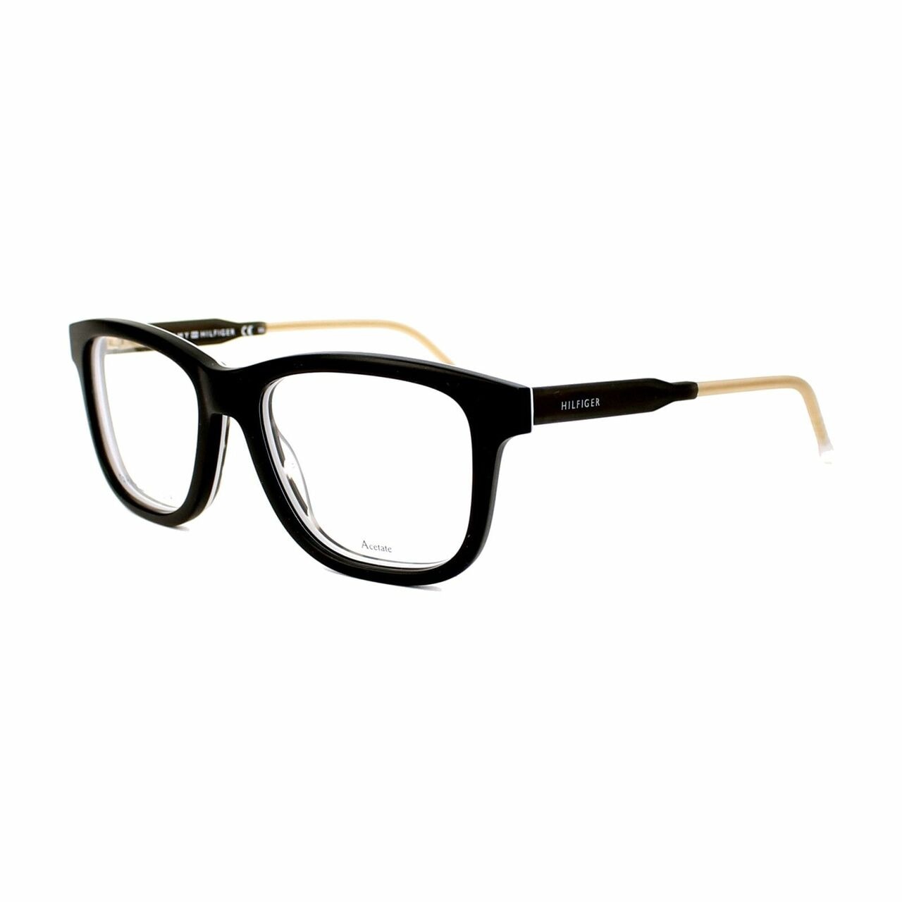 Tommy Hilfiger TH1353-K0C Black Grey Square Men's Acetate Eyeglasses displayed elegantly with a stylish case.