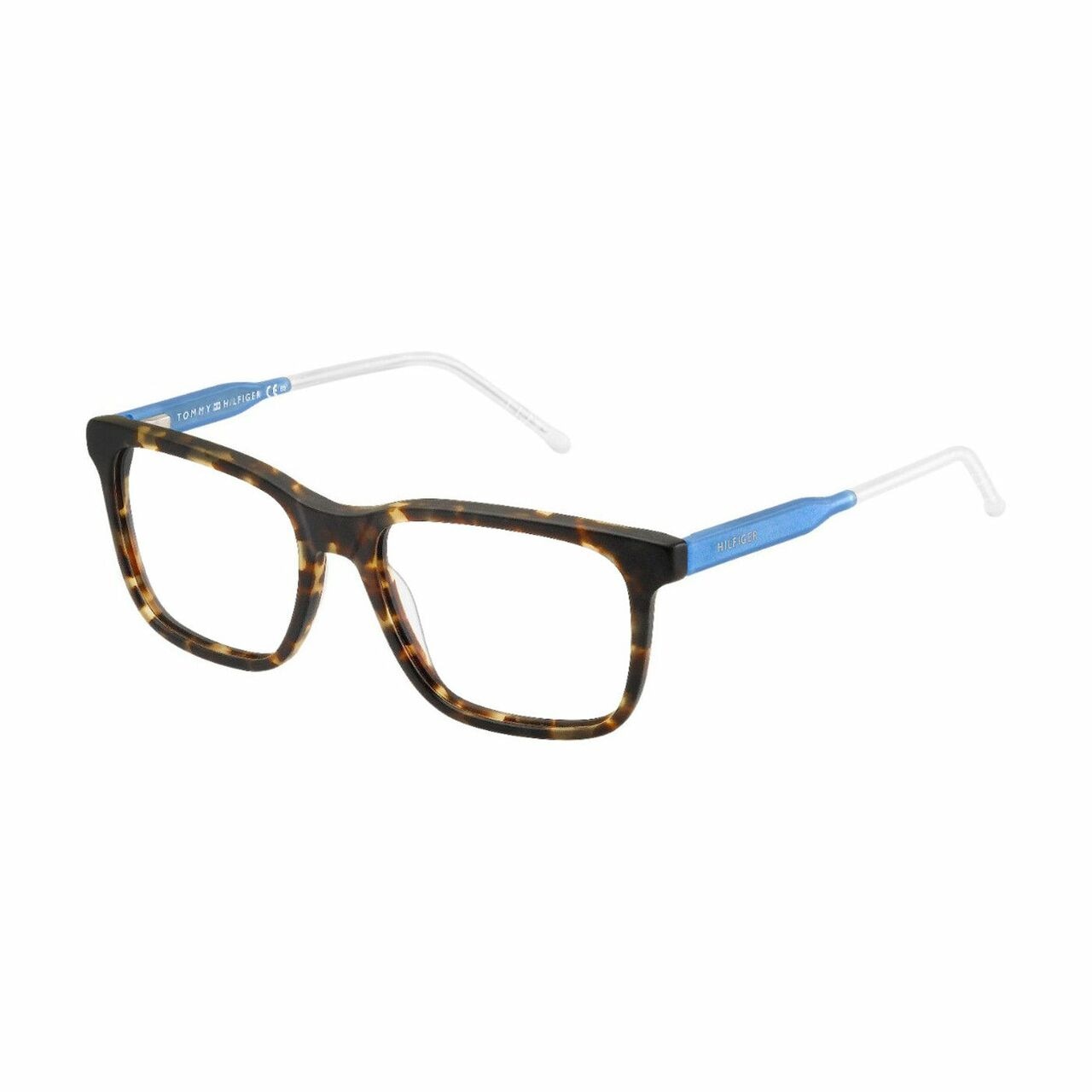 Tommy Hilfiger TH1392-QRD Havana Blue Square Men's Acetate Eyeglasses displayed elegantly with a stylish case.