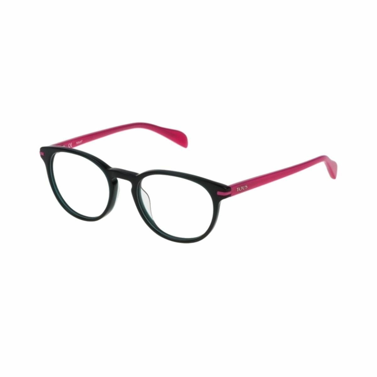Stylish Tous VTO926-06WT Black Fuchsia Round Women's Acetate Eyeglasses displayed elegantly with a protective case.