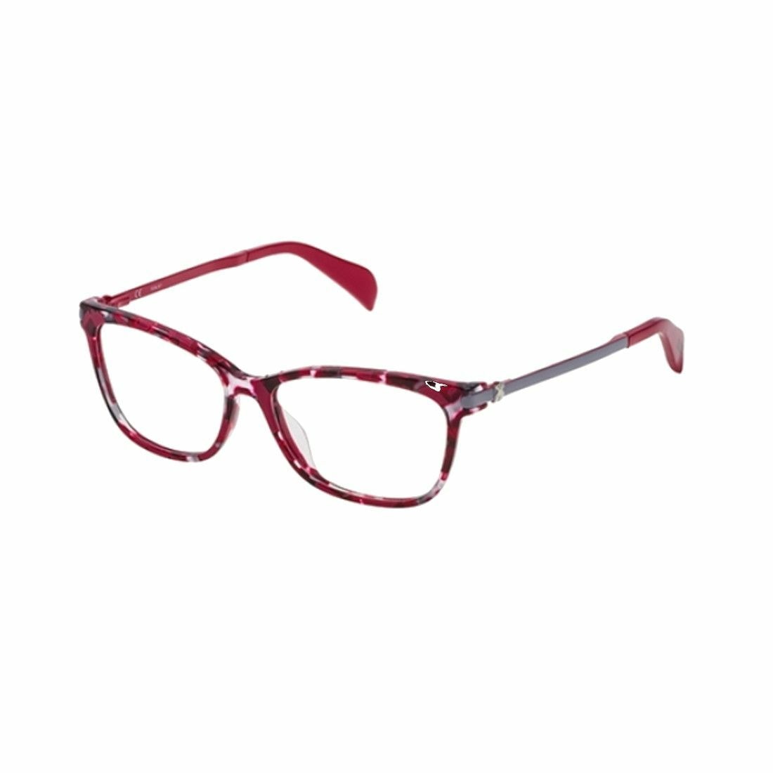 Tous VTO975-0713 shiny red Havana square women's acetate eyeglasses displayed elegantly with a stylish case.