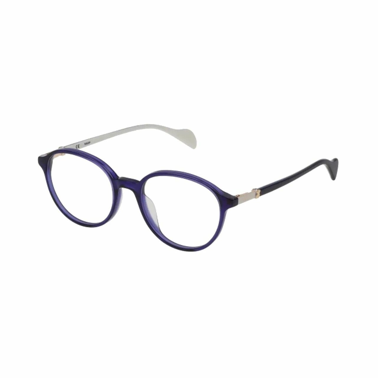 Tous VTOA18-0T31 shiny blue round women's acetate eyeglasses displayed elegantly with a protective case.