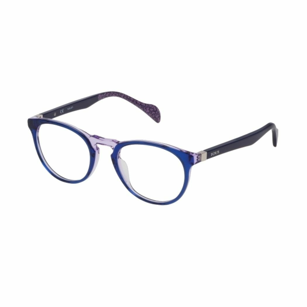 Tous VTOA22-0M69 shiny blue crystal oval women's acetate eyeglasses with a stylish design and comfortable fit.