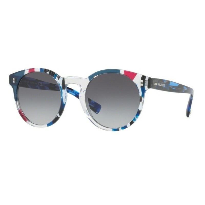 Valentino VA4009-50488G round lens women's sunglasses in blue tortoise frame with grey lenses, showcasing a stylish and contemporary design.