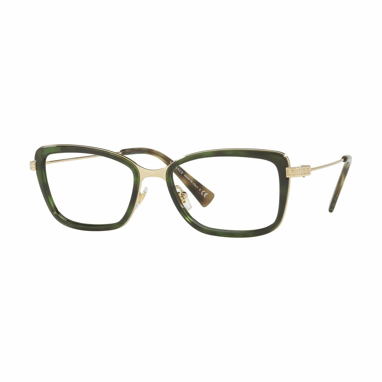 Versace VE1243-5183 Pale Gold Green Havana Rectangular Women's Metal Eyeglasses displayed elegantly with a stylish case.