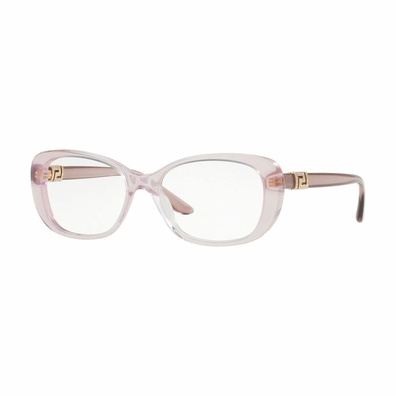 Versace VE3234B-5223 Transparent Lilac Rectangular Women's Plastic Eyeglasses displayed elegantly with a stylish case.