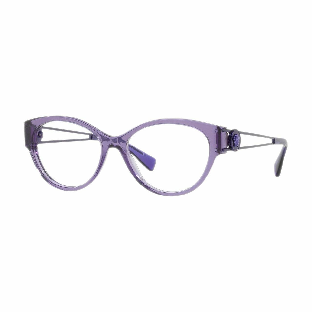 Versace VE3254-5160 Transparent Violet Cat-Eye Women's Plastic Eyeglasses showcasing a stylish cat-eye design with a transparent violet frame.