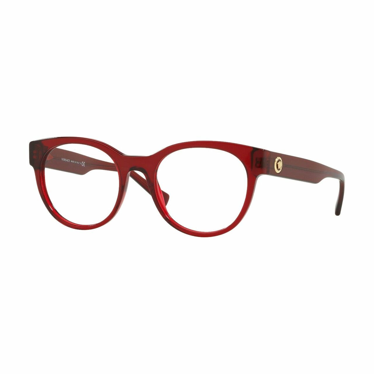 Versace VE3268-388 Transparent Red Round Women's Plastic Eyeglasses displayed elegantly with a stylish case.
