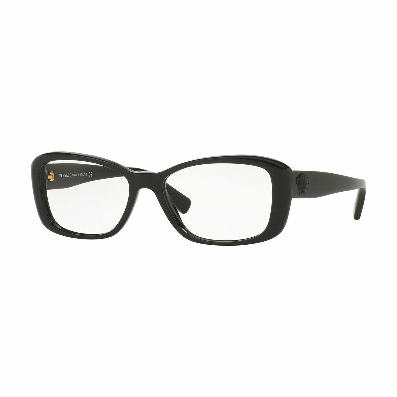 Versace VE3228-GB1 Black Rectangular Women's Plastic Eyeglasses displayed elegantly with a stylish case.