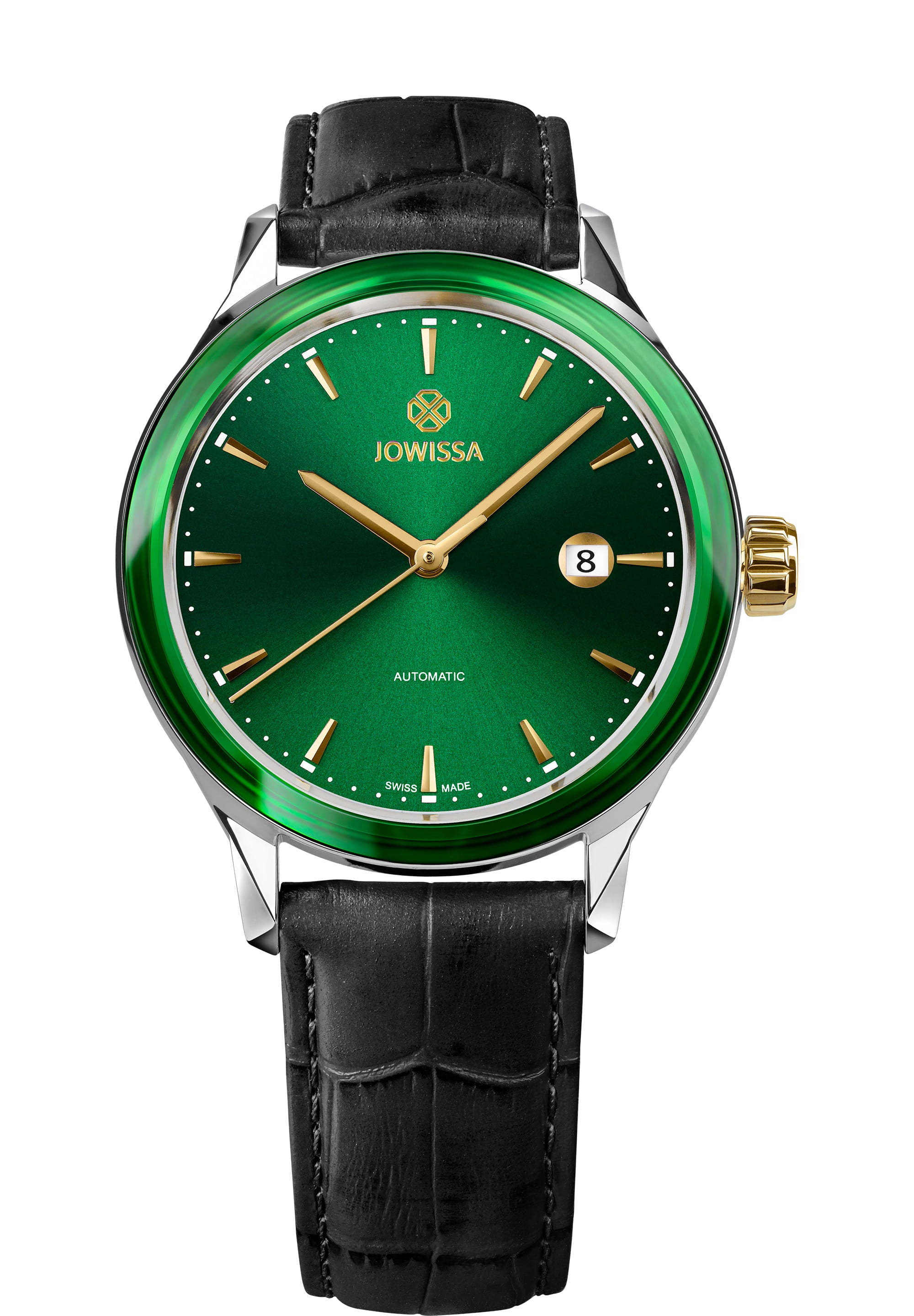 Virtuo Swiss Automatic Watch J4.558.L featuring a green dial, gold-tone details, and a black leather alligator strap.