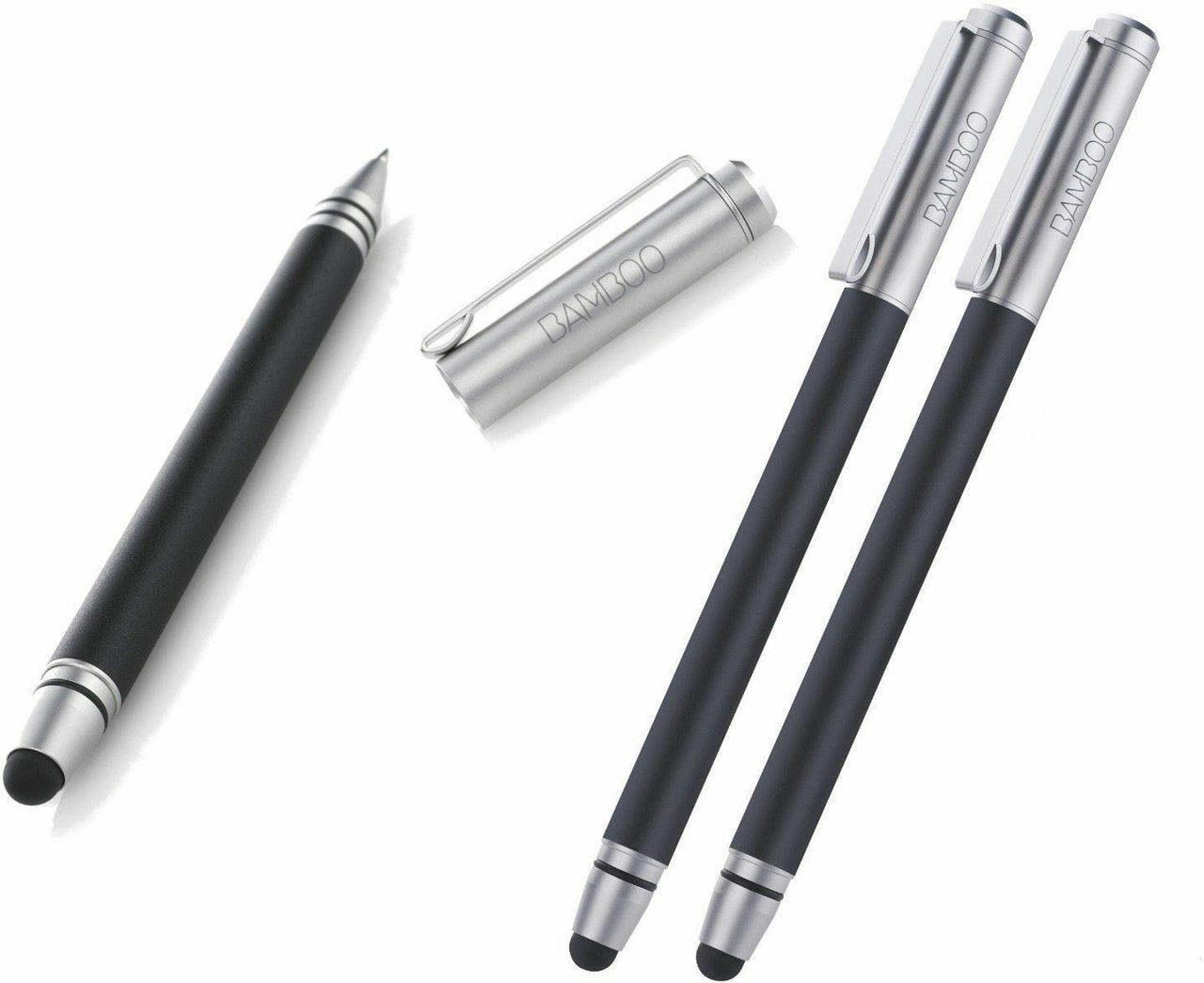 Wacom Bamboo CS110K Stylus Duo featuring a sleek design with a stylus tip on one end and an ink pen on the other, showcasing its dual functionality.