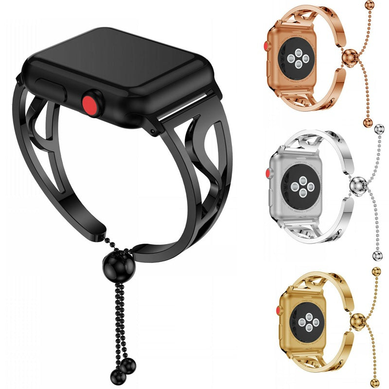 Adjustable stainless steel watch band for Apple Watch, showcasing its sleek design and adjustable features.