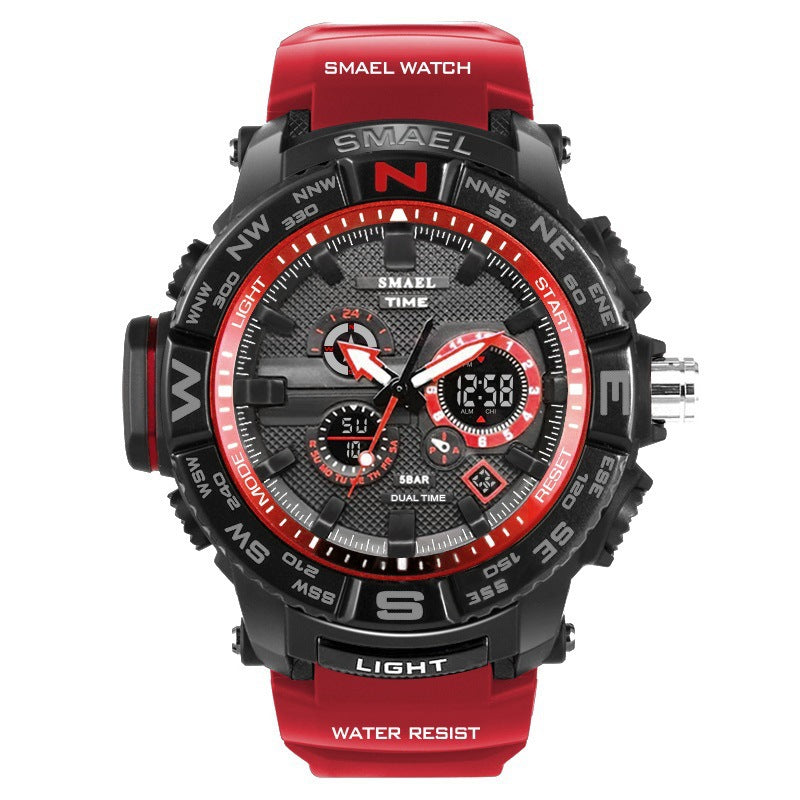 Waterproof and shockproof dual display sports watch for men with rubber strap and luminous features.