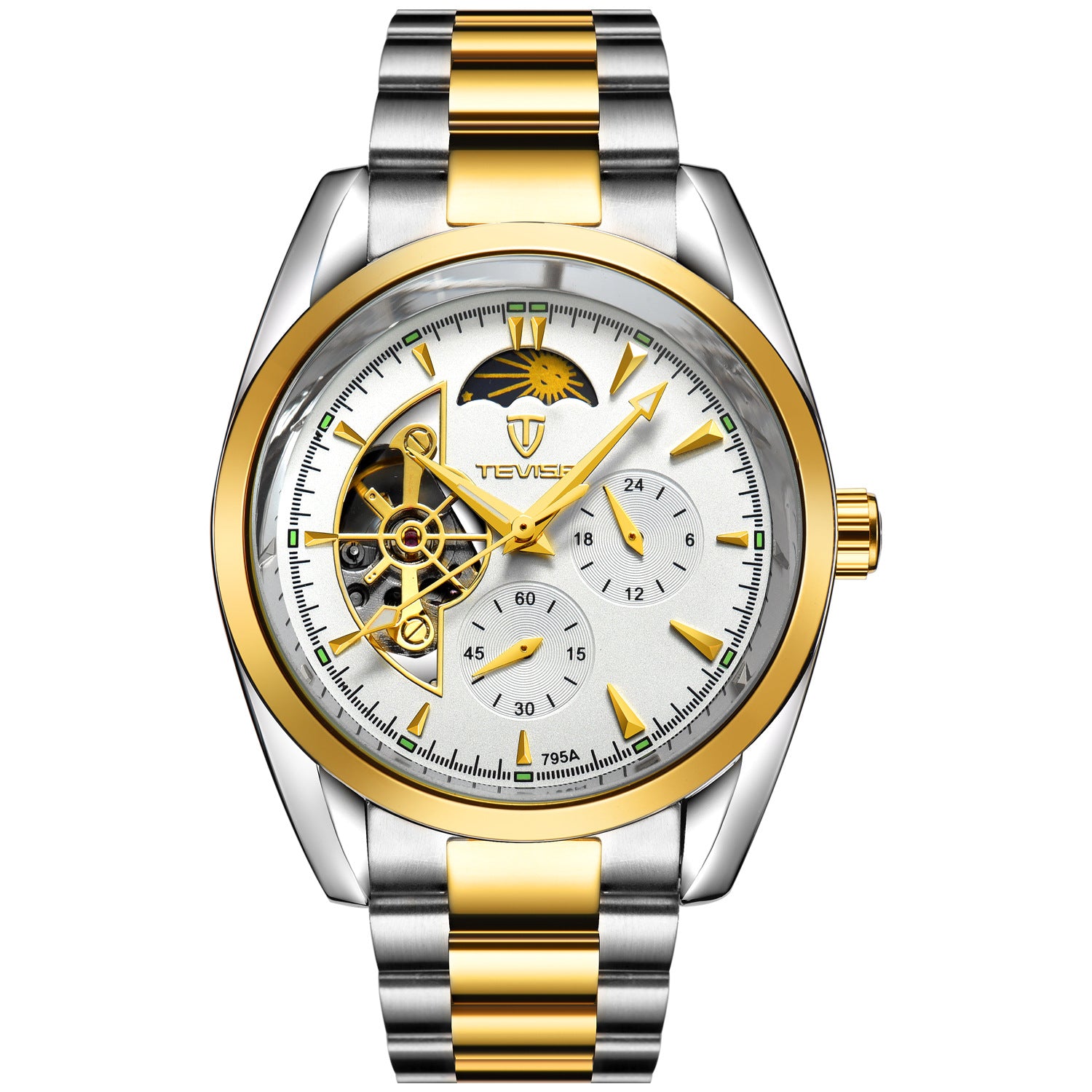 A stylish waterproof mechanical watch for men, featuring a luminous dial, tourbillon movement, and a sleek design suitable for business occasions.