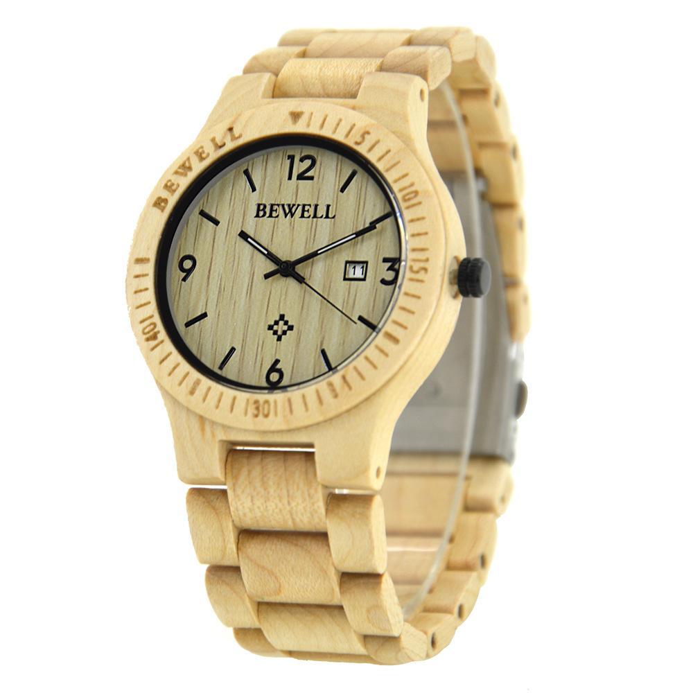 A stylish Wooden High Quality Sandalwood Quartz Watch featuring a round dial, spiral crown, and a combination of maple, sandalwood, and zebra wood strap.