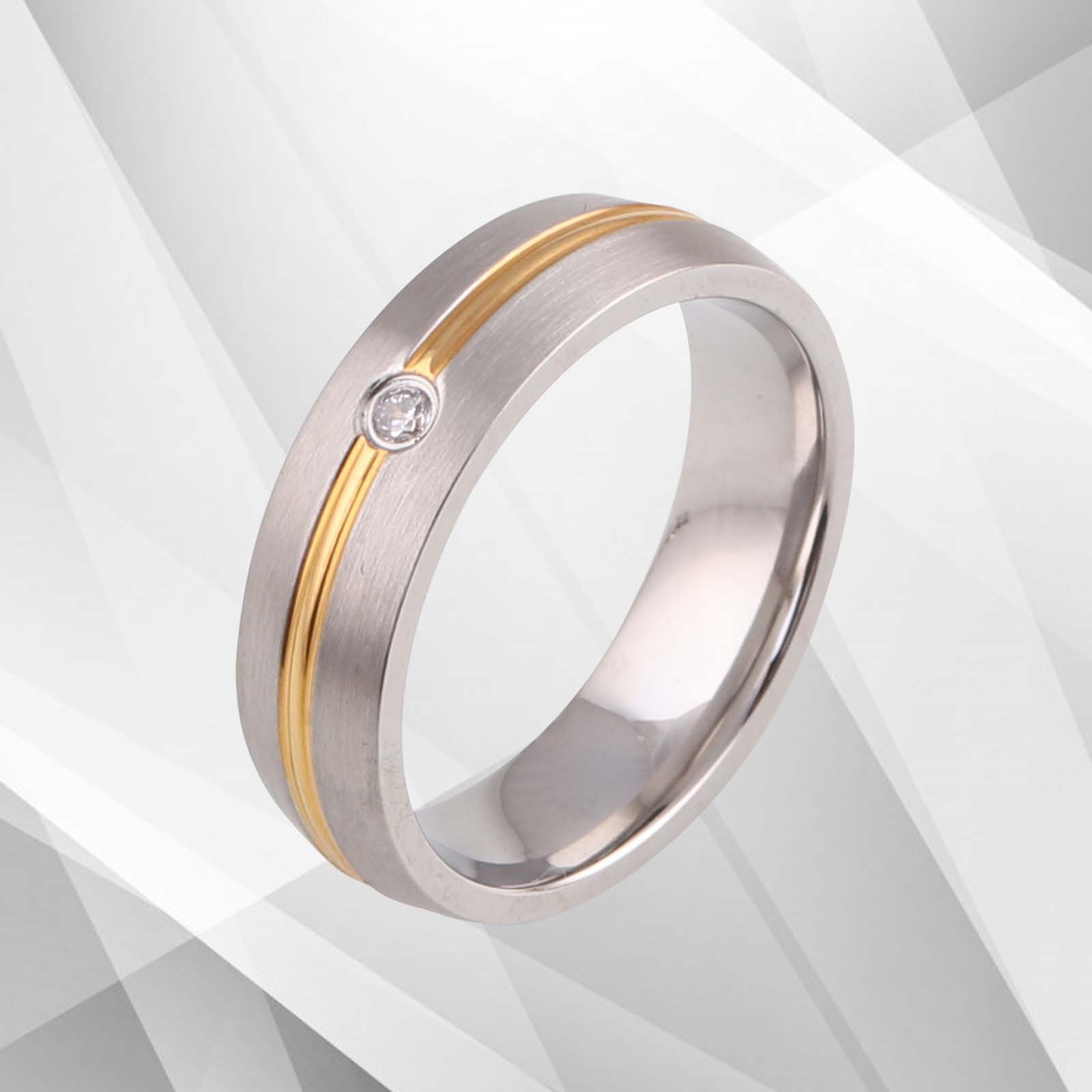 0.35Ct CZ Diamond Engagement Titanium Band Ring with 18Ct yellow and white gold finish, featuring a comfort fit design.
