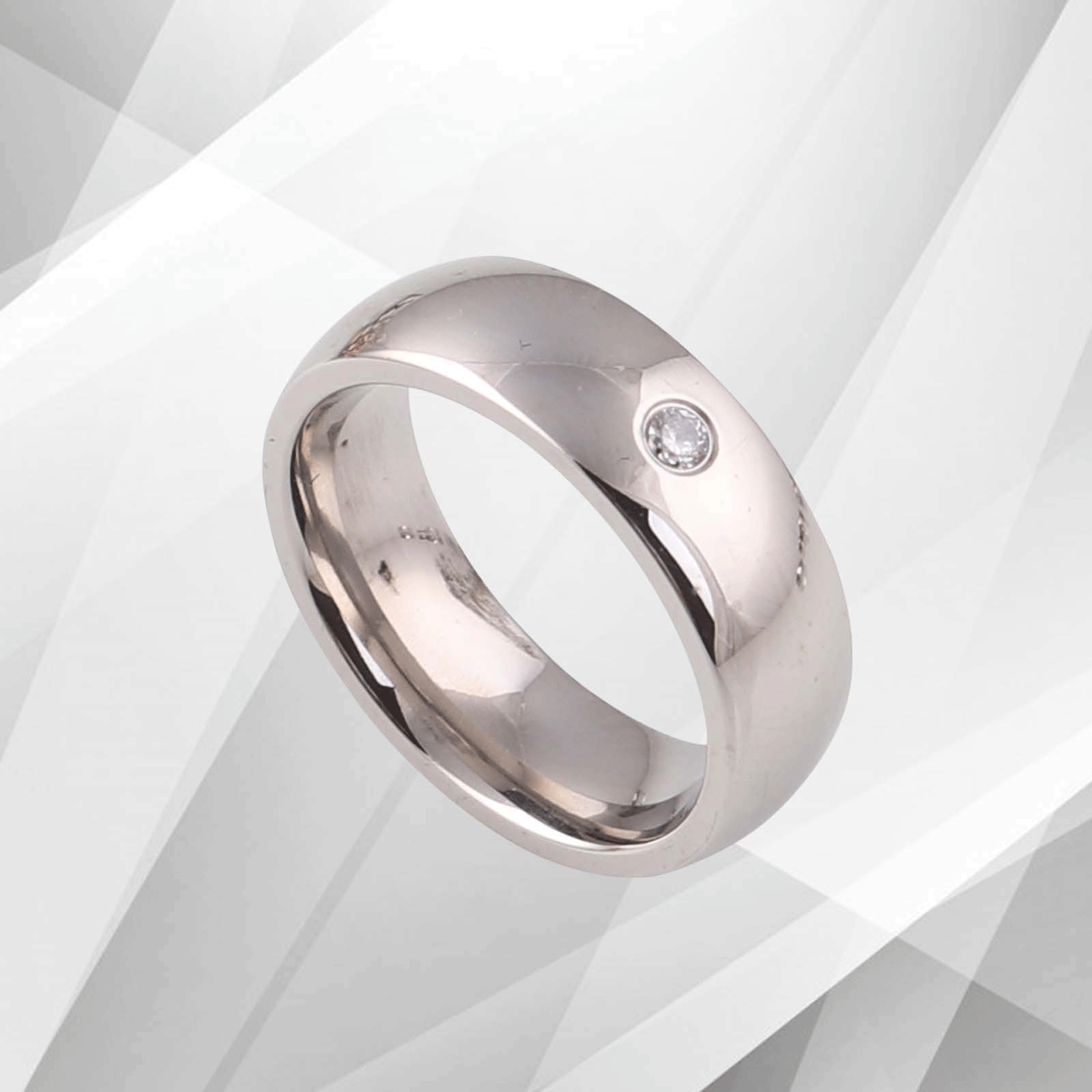 0.35Ct CZ Diamond Titanium Wedding Band Ring with 18Ct white gold finish, showcasing a sparkling design and comfort fit.