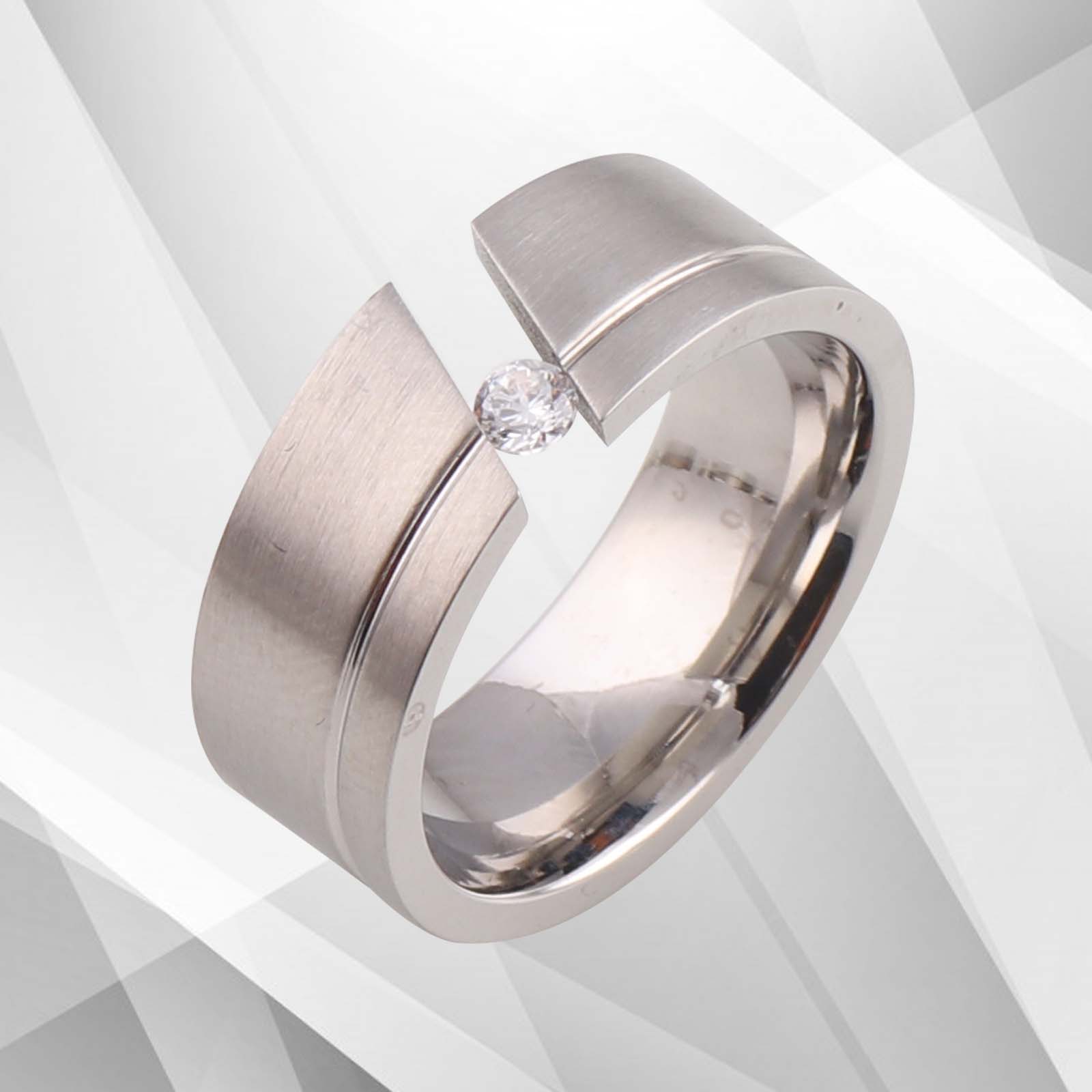 0.35Ct CZ Diamond Titanium Wedding Anniversary Band featuring an 8mm wide brushed titanium design with a sparkling 18Ct white gold finish.