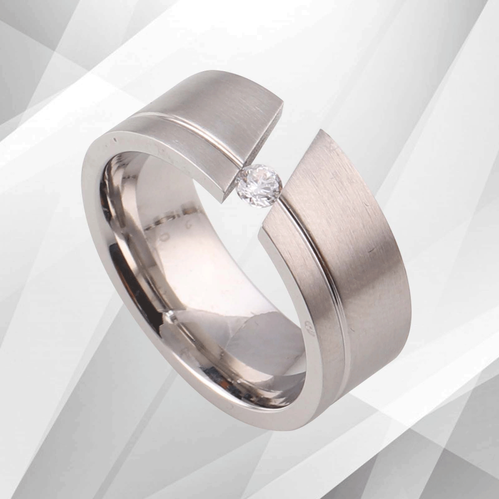 0.35Ct CZ Diamond Titanium Wedding Anniversary Band featuring an 8mm wide brushed titanium design with a sparkling 18Ct white gold finish.
