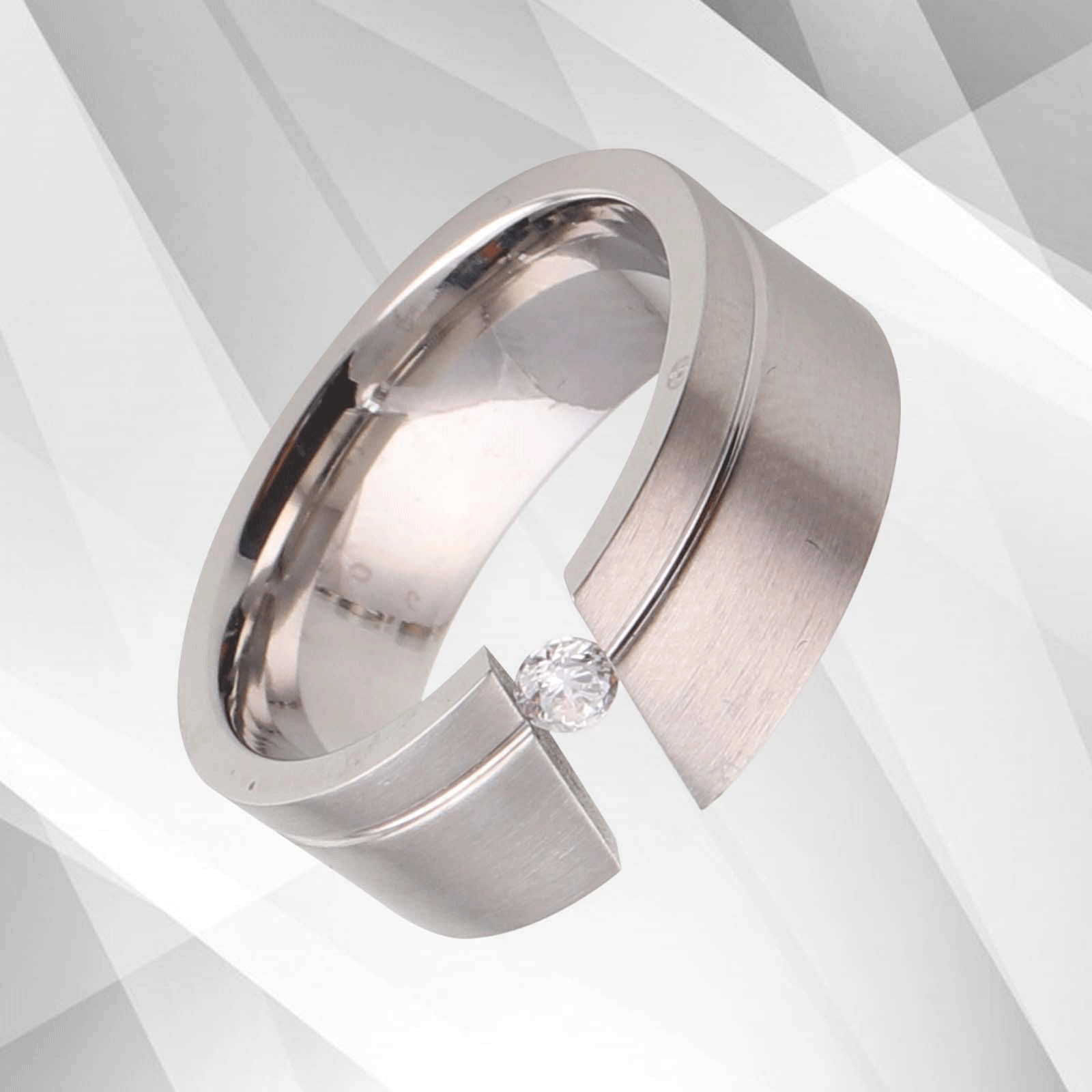 0.35Ct CZ Diamond Titanium Wedding Anniversary Band featuring an 8mm wide brushed titanium design with a sparkling 18Ct white gold finish.