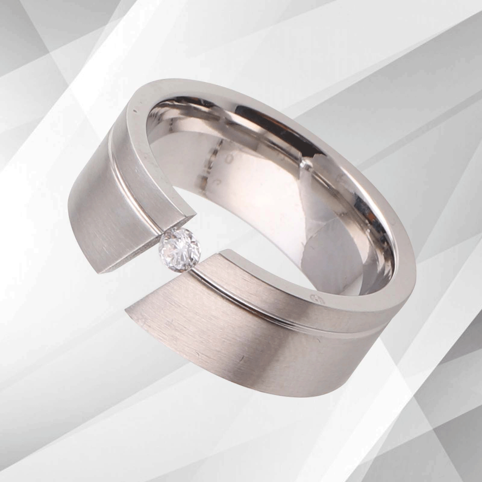 0.35Ct CZ Diamond Titanium Wedding Anniversary Band featuring an 8mm wide brushed titanium design with a sparkling 18Ct white gold finish.
