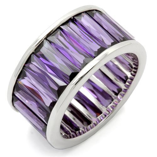 0W128 Rhodium Brass Ring featuring AAA Grade CZ in Amethyst, showcasing its elegant design and vibrant color.