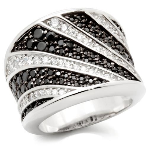 0W242 Rhodium and Ruthenium Brass Ring featuring a AAA Grade CZ center stone in Jet color, showcasing elegance and sophistication.