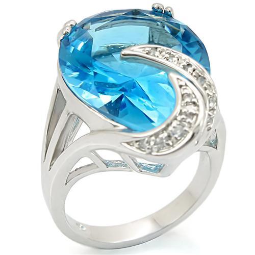 0W343 Rhodium Brass Ring featuring a large sea blue synthetic glass stone, elegantly designed with a shiny finish.