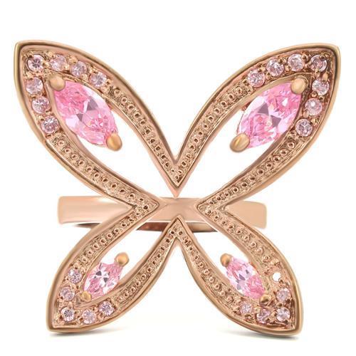 0W381 Rose Gold Brass Ring featuring AAA Grade CZ in rose color, showcasing its elegant design and sparkling center stone.