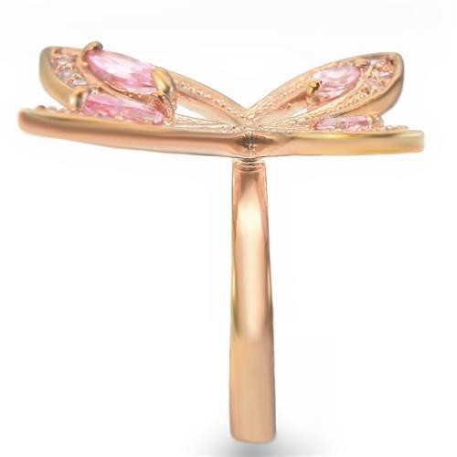 0W381 Rose Gold Brass Ring featuring AAA Grade CZ in rose color, showcasing its elegant design and sparkling center stone.