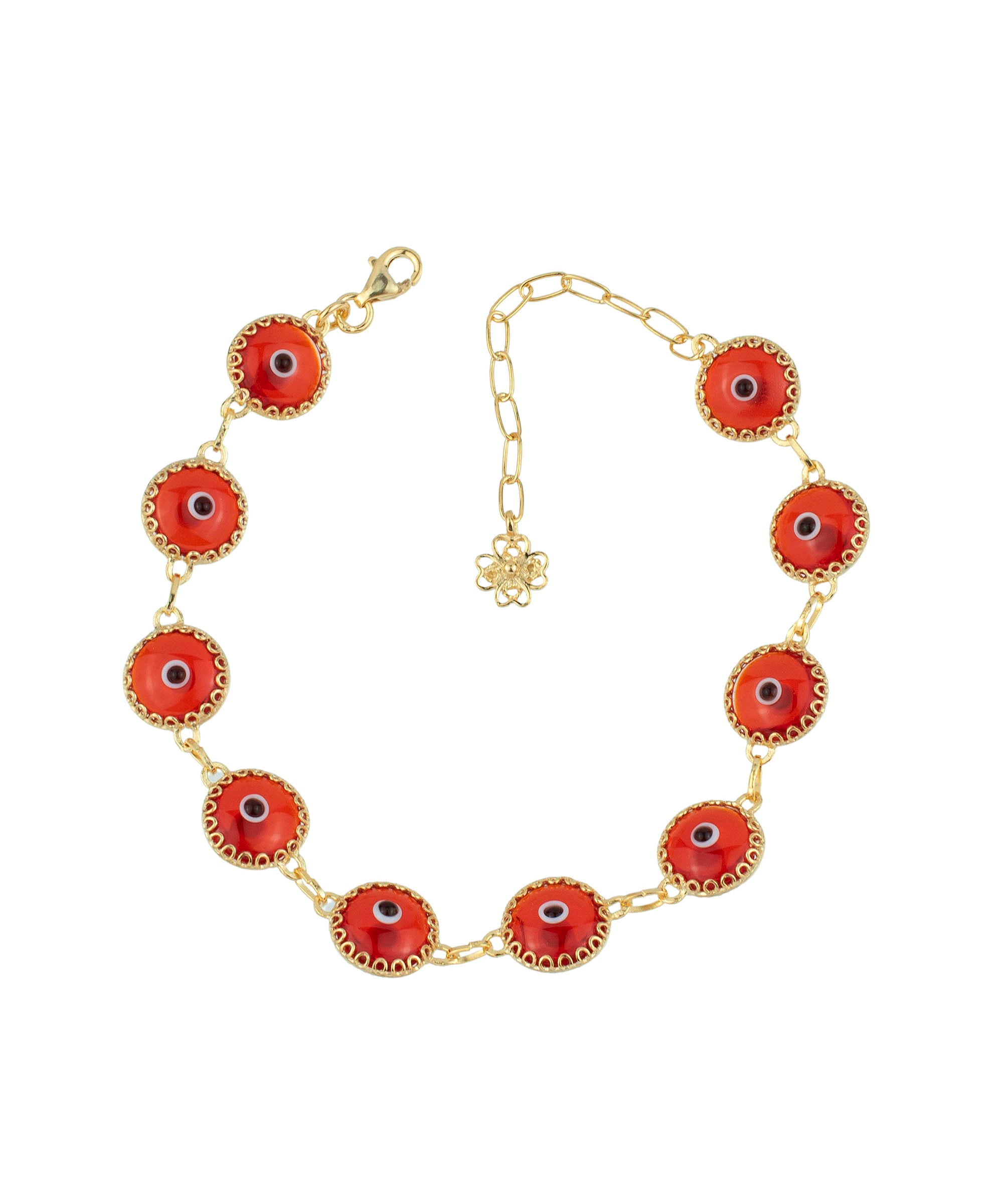 10 Beads Scarlet Evil Eye Women Gold Plated Silver Link Bracelet featuring a strong rolo chain and scarlet evil eye beads.