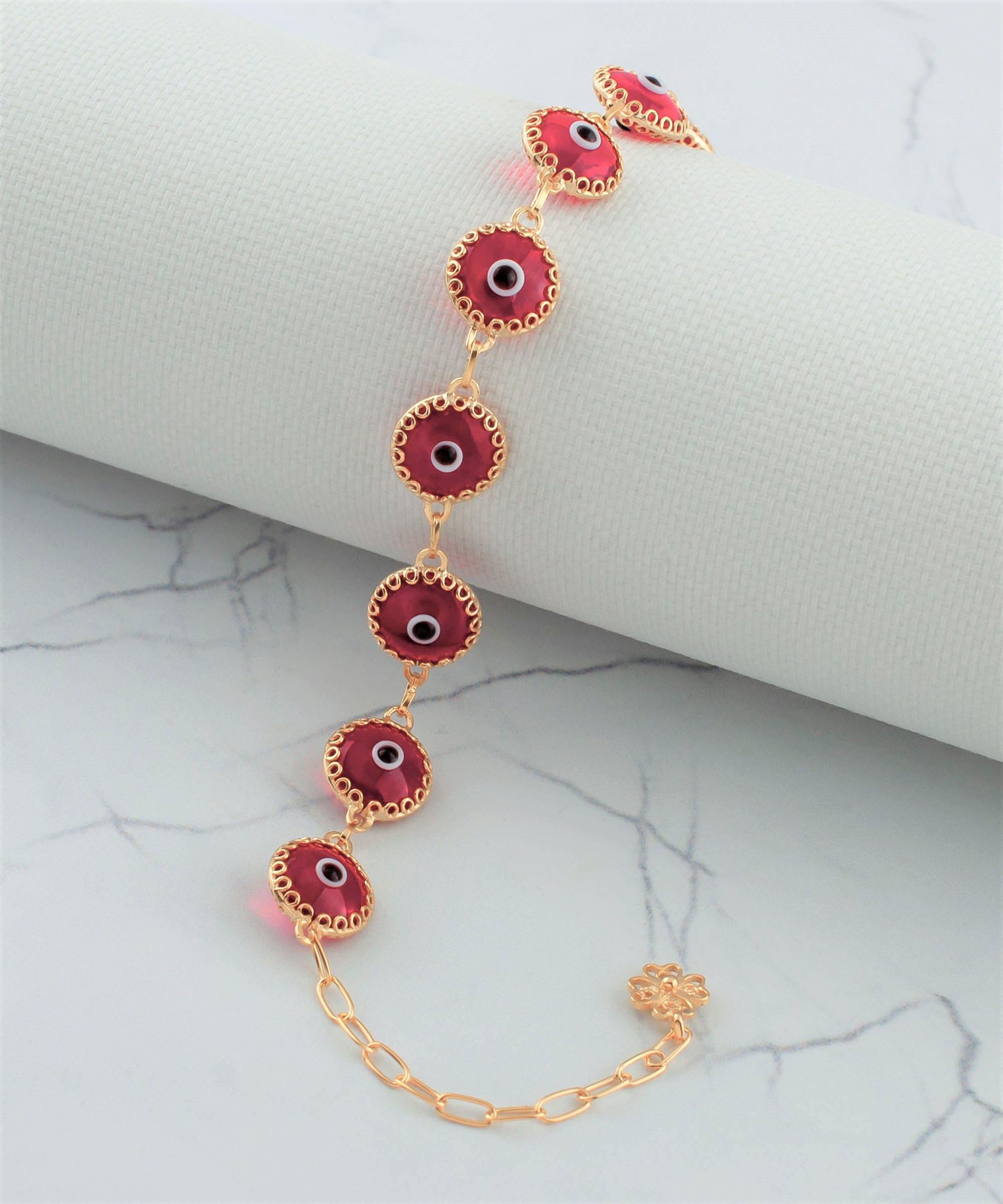 10 Beads Scarlet Evil Eye Women Gold Plated Silver Link Bracelet featuring a strong rolo chain and scarlet evil eye beads.