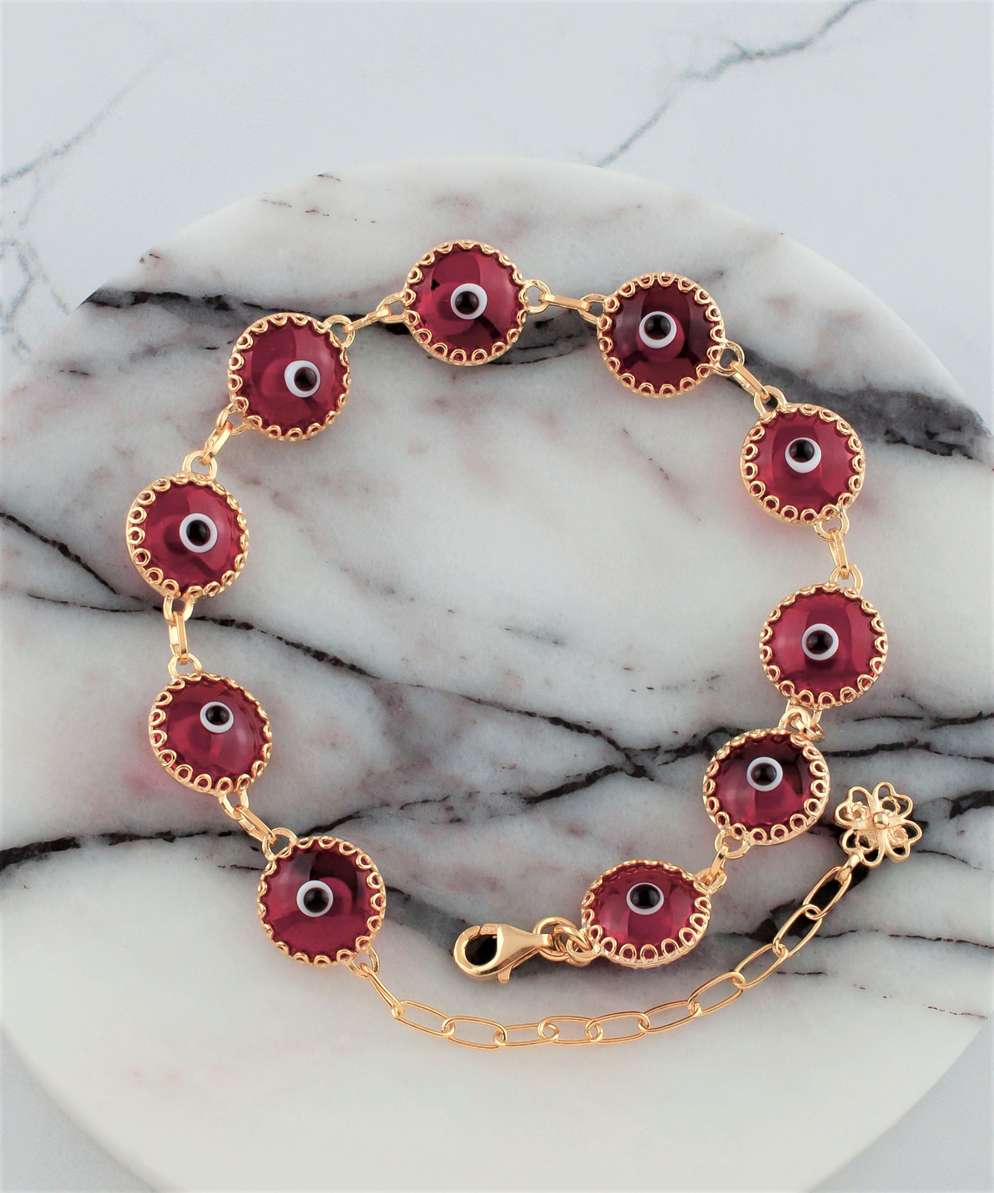 10 Beads Scarlet Evil Eye Women Gold Plated Silver Link Bracelet featuring a strong rolo chain and scarlet evil eye beads.