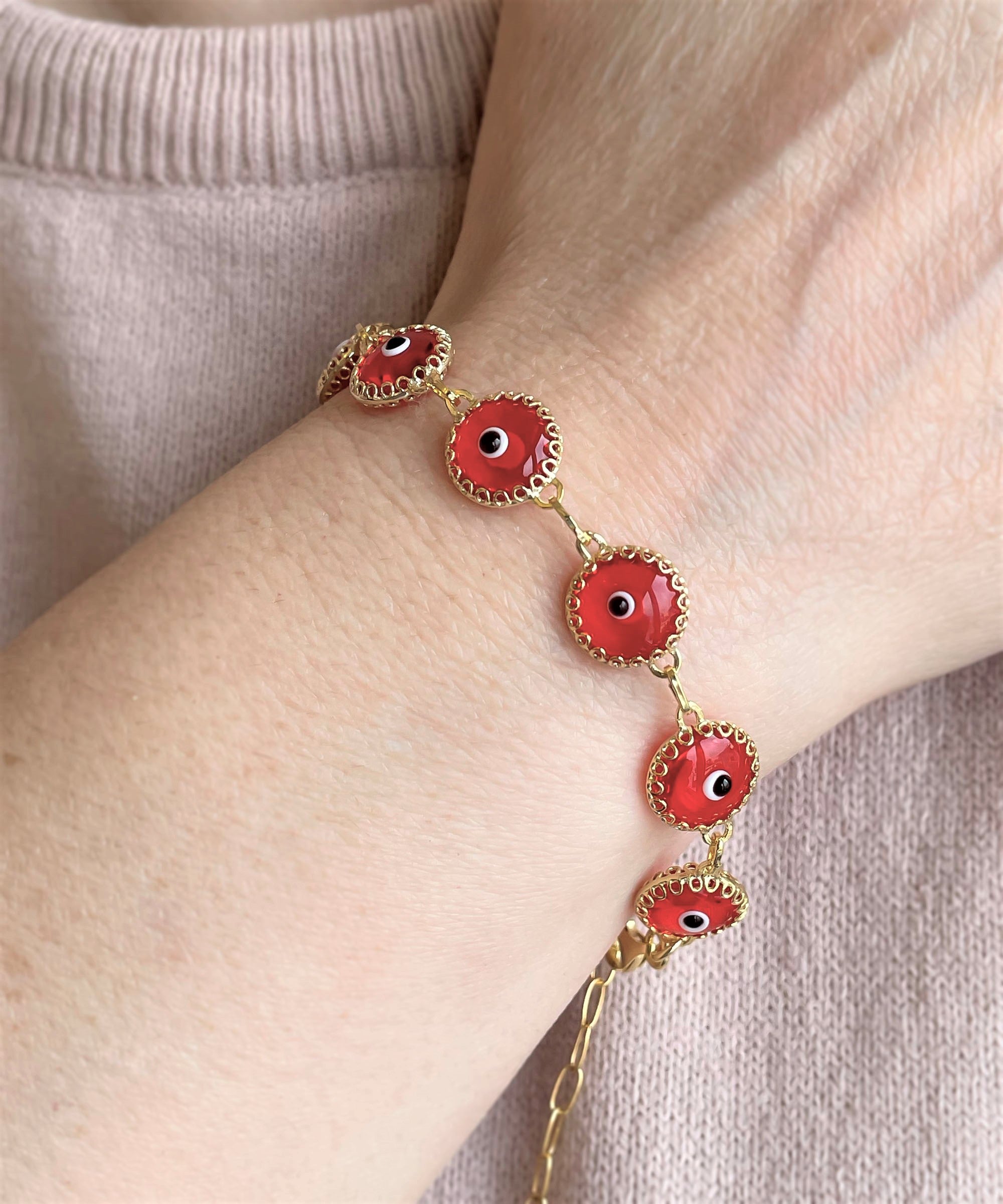 10 Beads Scarlet Evil Eye Women Gold Plated Silver Link Bracelet featuring a strong rolo chain and scarlet evil eye beads.