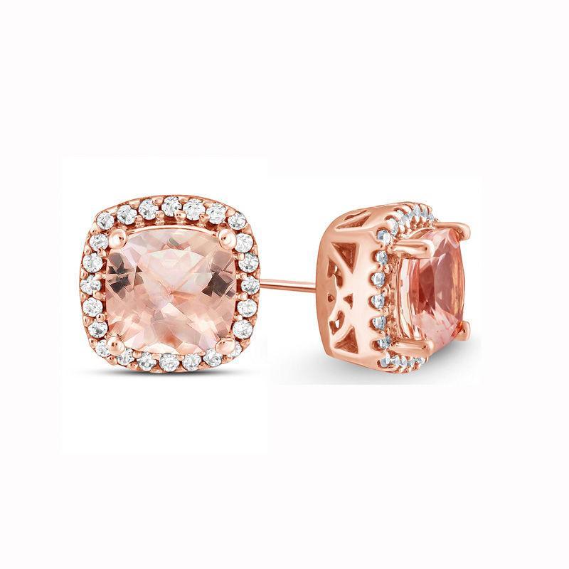 Elegant 1.00 CT Morganite Halo Princess Cut Stud Earrings in 18K Rose Gold Plat, featuring a stunning pink morganite stone surrounded by sparkling Austrian crystals.