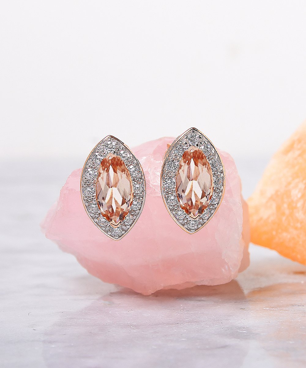 Elegant 1.00 CT Morganite Marquise Cut Stud Earrings in 18K Rose Gold Plated, featuring sparkling Austrian crystals.