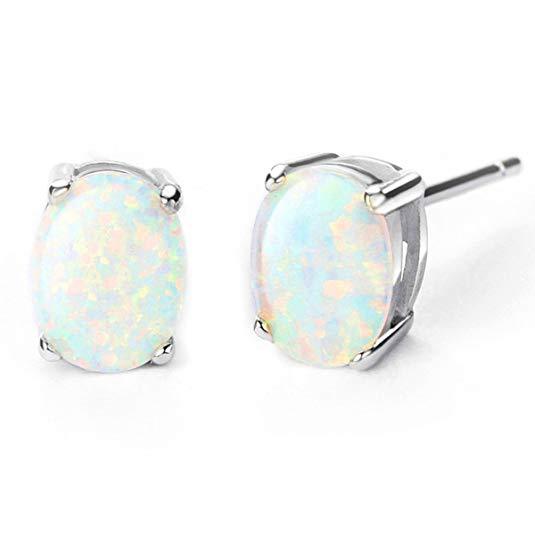 Elegant 1.00 CTTW Oceanic Opal Oval Cut Studs in 14K White Gold, showcasing blue opal stones set in a luxurious design.