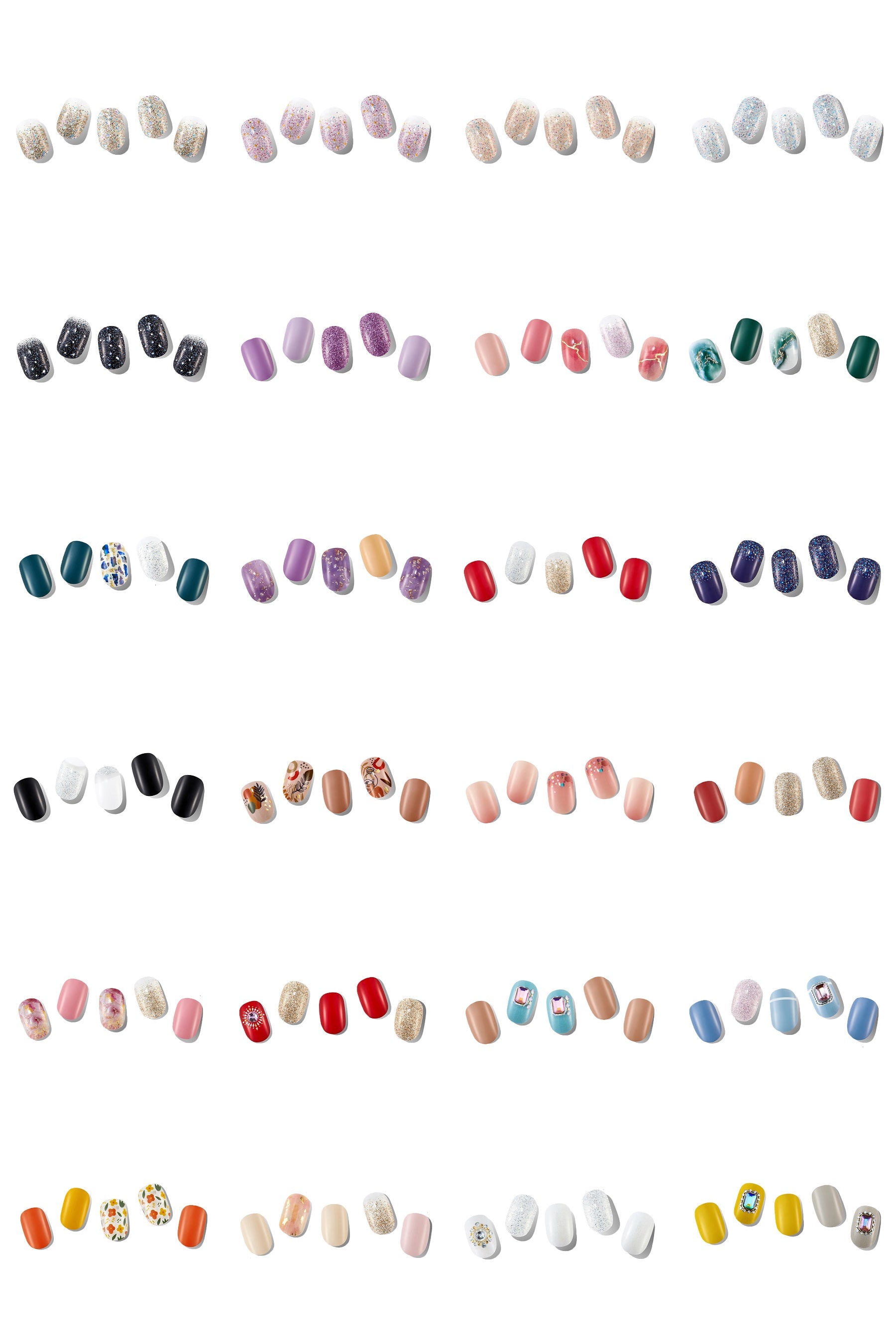 A vibrant display of Baanhada 100% real nail polish strips in 24 different colors, showcasing their glossy finish and variety.