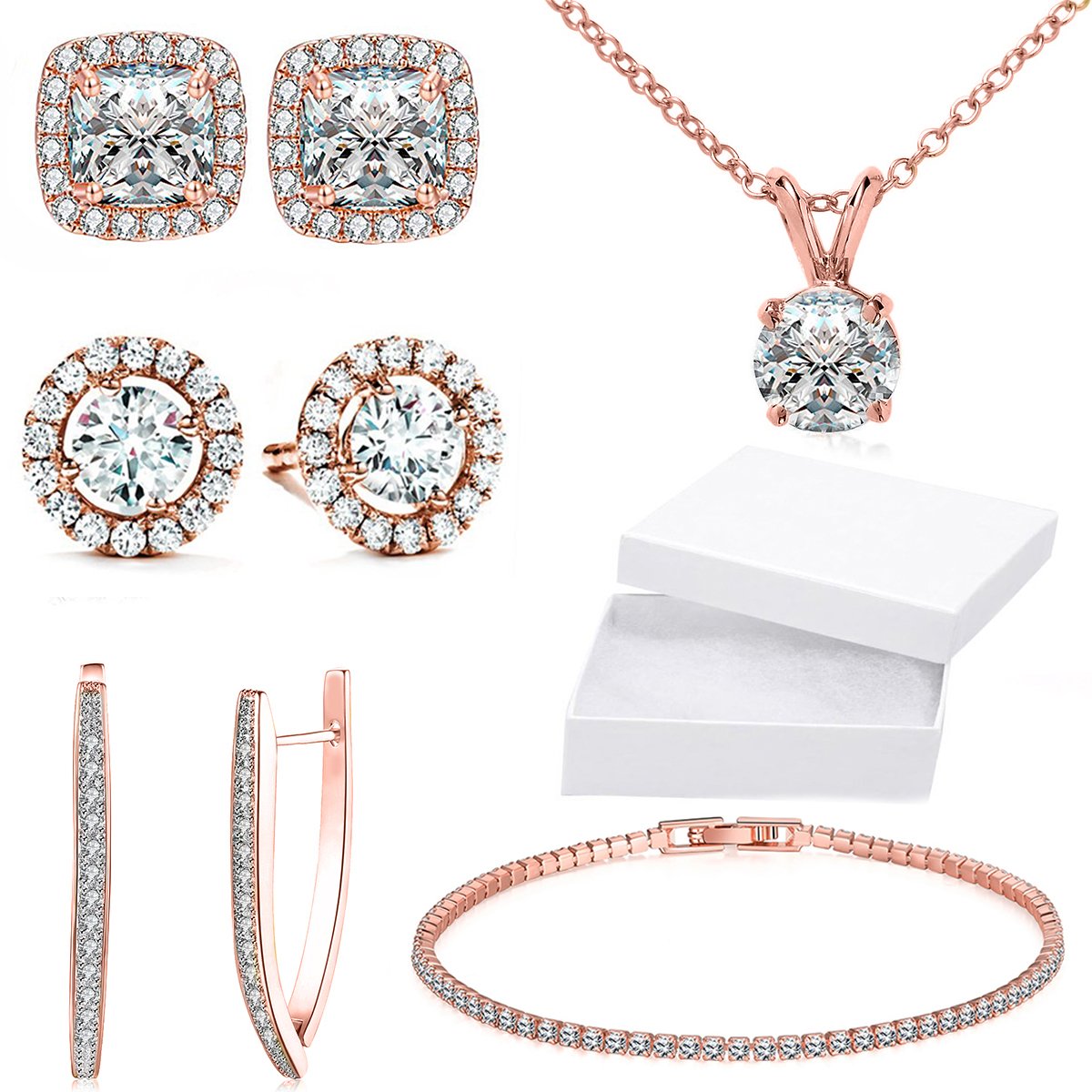 A luxurious 5-piece jewelry set featuring a tennis bracelet, halo earrings, and a necklace, all adorned with sparkling Austrian crystals and rose gold plating.