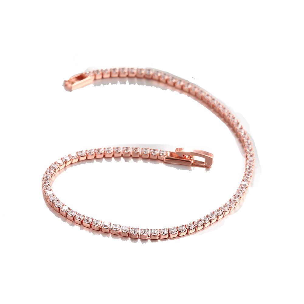 A luxurious 5-piece jewelry set featuring a tennis bracelet, halo earrings, and a necklace, all adorned with sparkling Austrian crystals and rose gold plating.